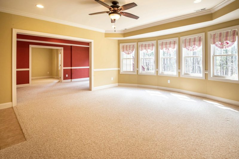 Bright empty room with carpet and ceiling fan, ideal for residential interior design