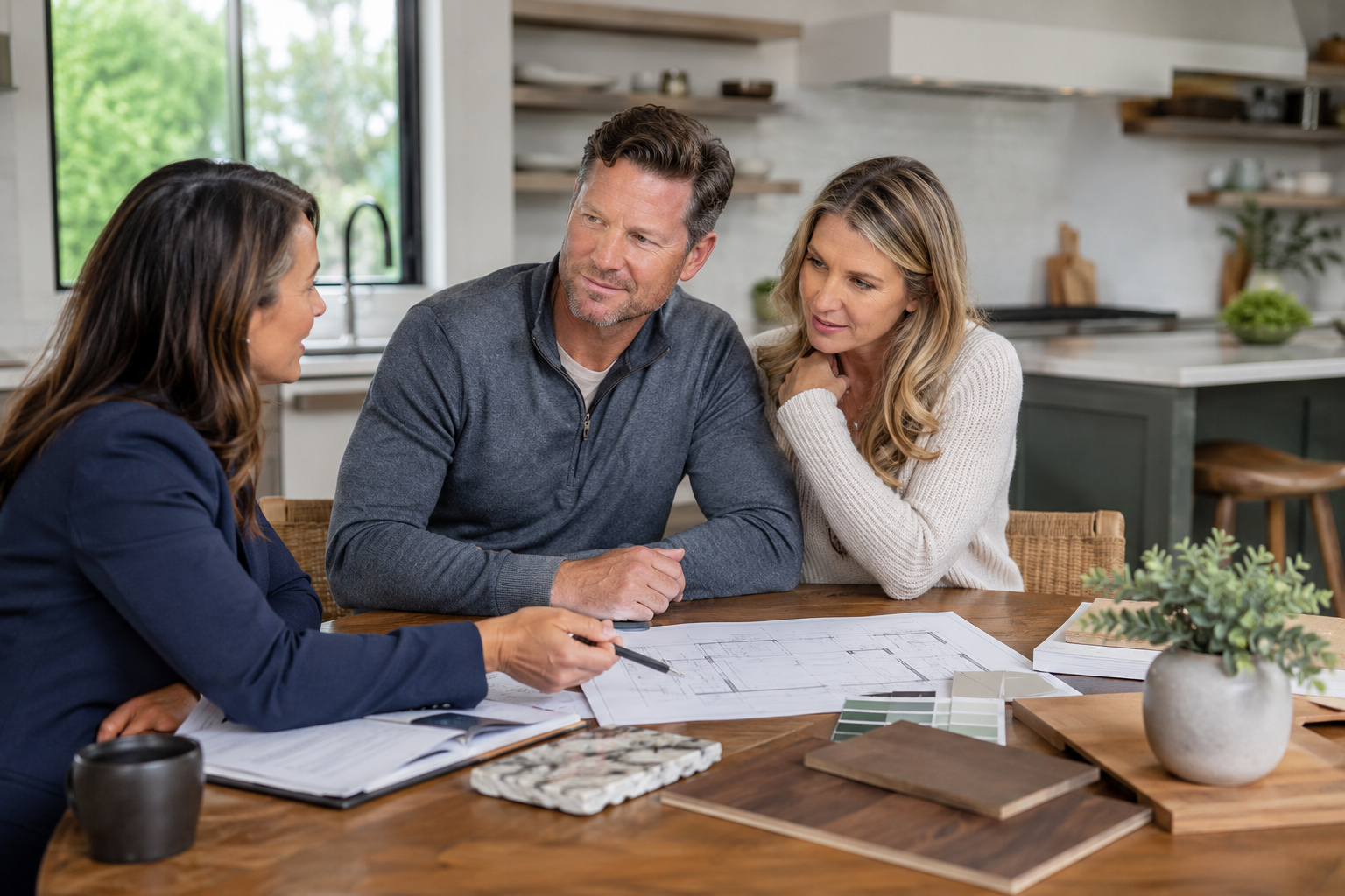 Mortgage professional explaining refinance closing costs to homeowners