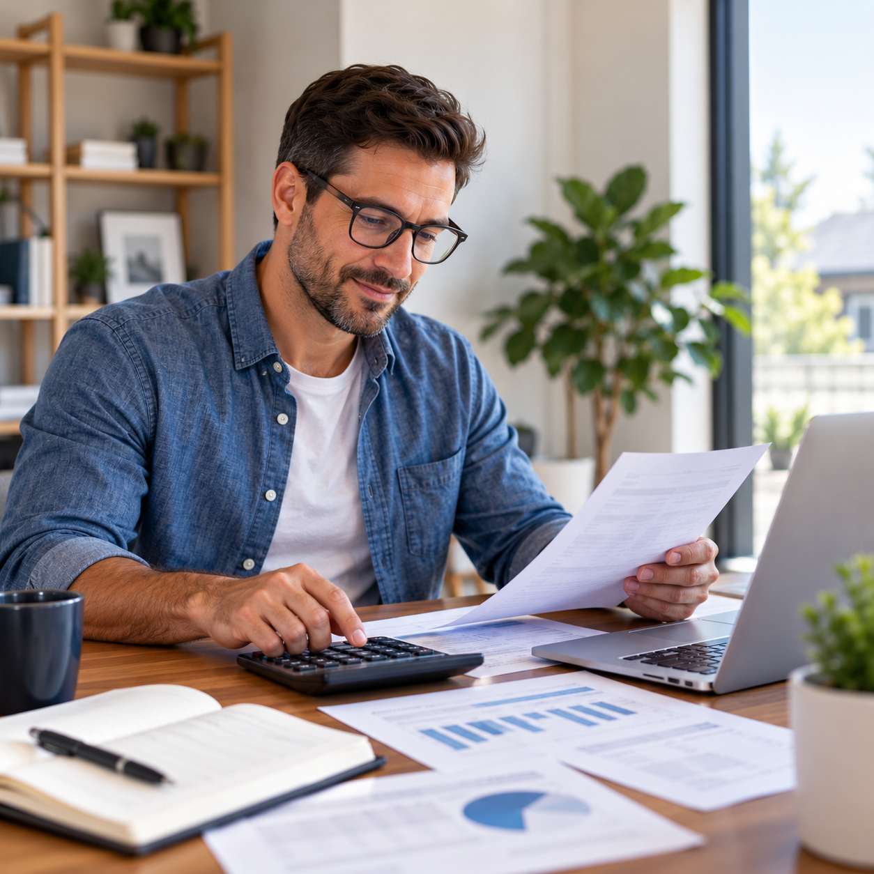 Business owner reviewing financial documents for a bank statement mortgage