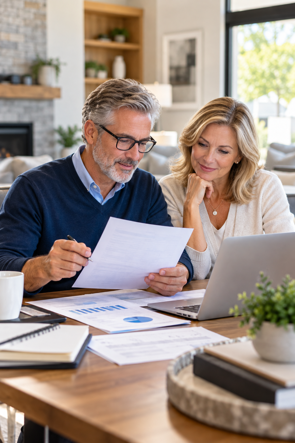 Retired homeowners reviewing financial assets for mortgage qualification in Oregon and Washington