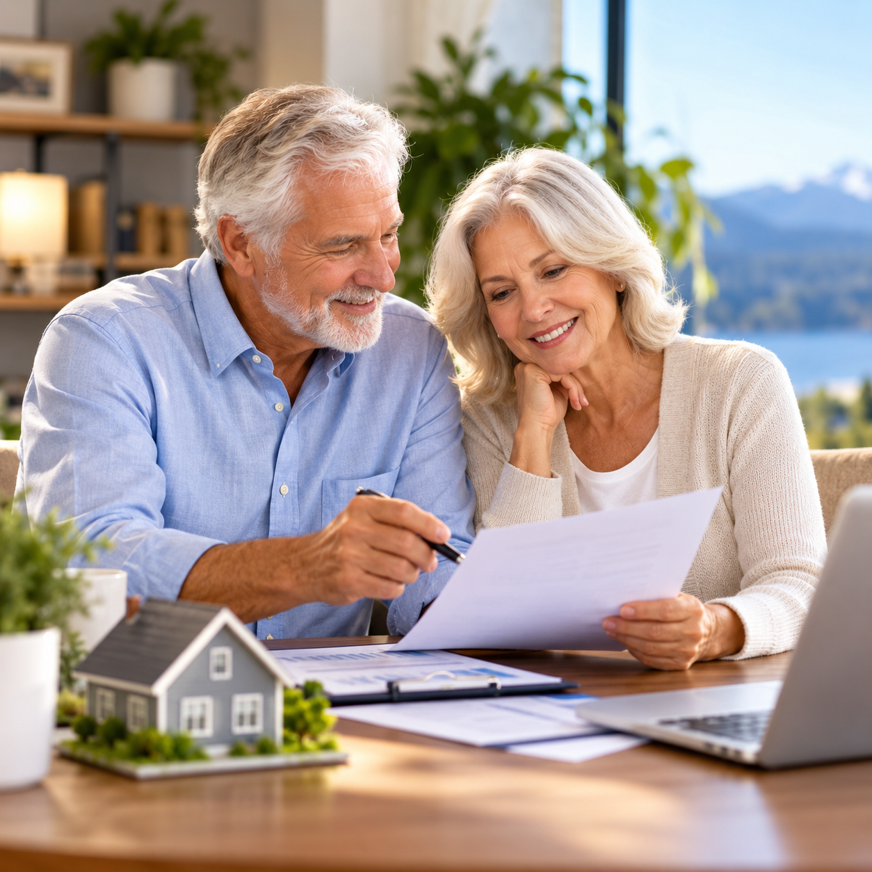 Retired homeowners meeting with a mortgage professional to discuss reverse mortgage and home equity options